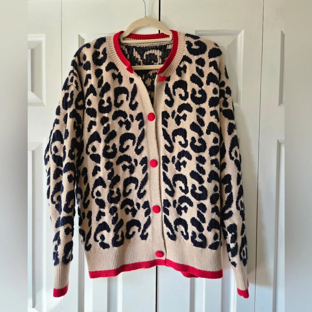 Leopard Print Cardigan with Red Accents Women's XXL - Picture 1 of 4